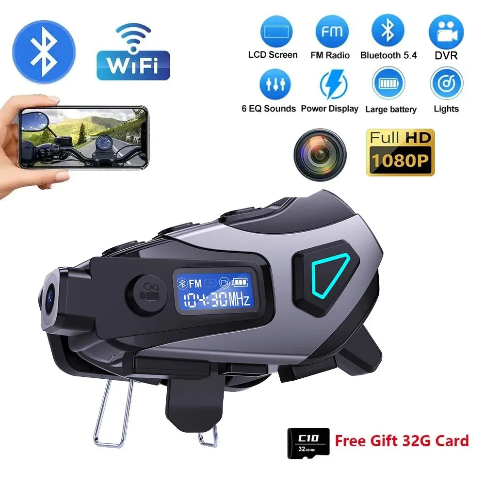 K10 Motorcycle Helmet Bluetooth 5.4 Headset Waterproof Earphone with LCD Display Stereo FM Radio 1080P HD Video Dashcam
