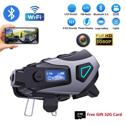 K10 Motorcycle Helmet Bluetooth 5.4 Headset Waterproof Earphone with LCD Display Stereo FM Radio 1080P HD Video Dashcam