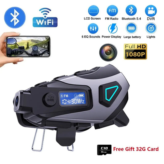 K10 Motorcycle Helmet Bluetooth 5.4 Headset Waterproof Earphone with LCD Display Stereo FM Radio 1080P HD Video Dashcam