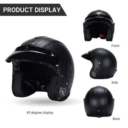 Black Leather Open Face Motorcycle Helmet With Halley Glass Scooter