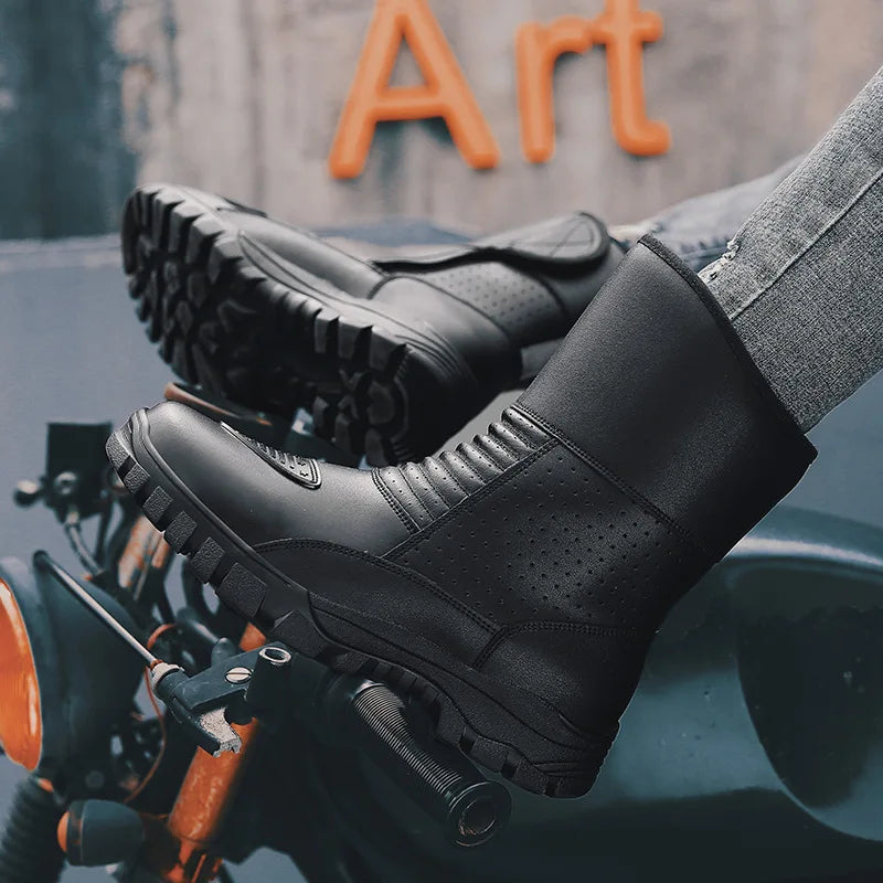 Retro New Winter Motorcycle Boots Waterproof Motocross Boots Black Motorcycle Racing Mid-Calf Shoes Men Leather Moto Boot