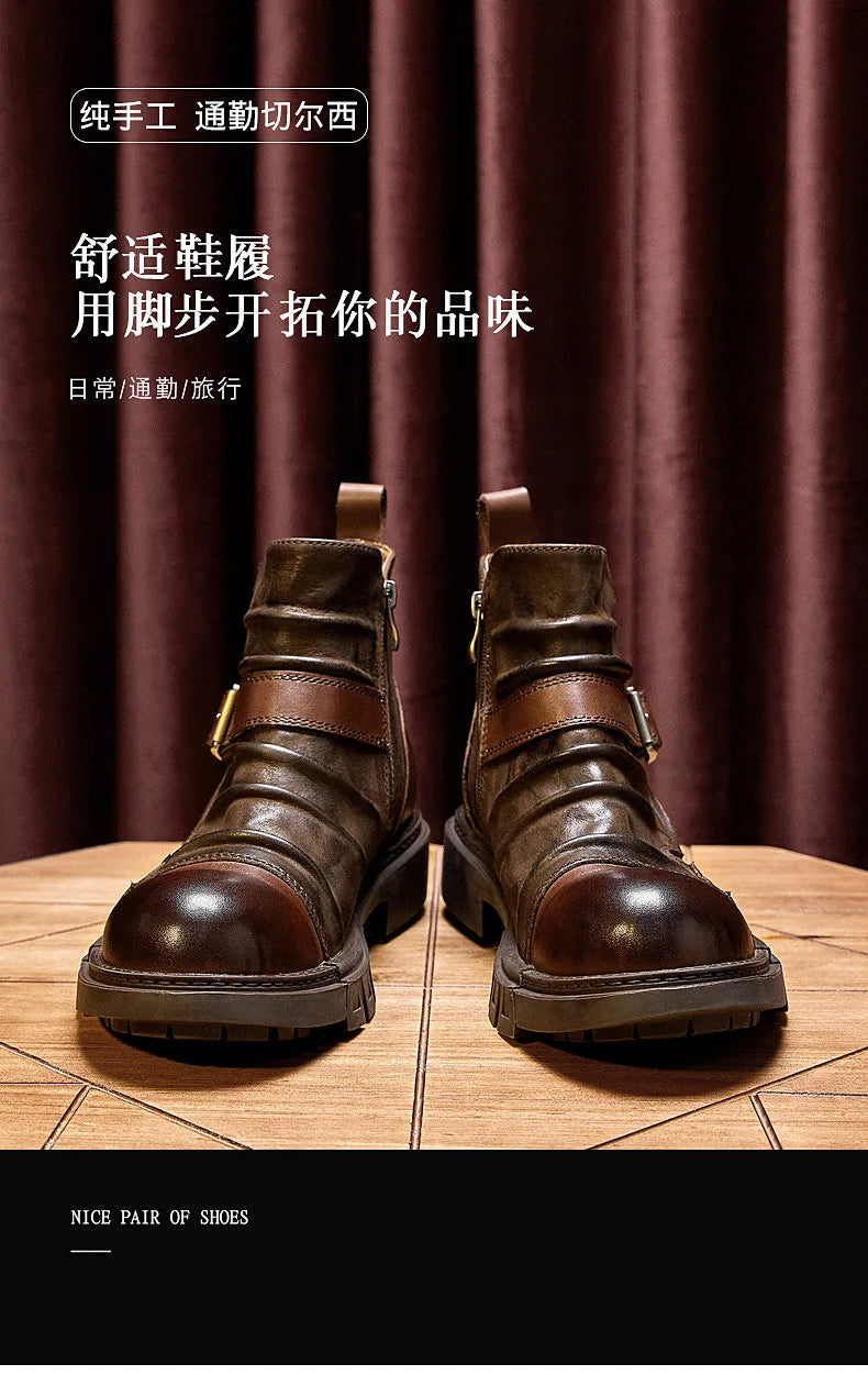 Men's Retro Motorcycle Boots Genuine Leather High Top Motorbike Riding Boots Botas De Motociclista Motocross Racing Car Shoes