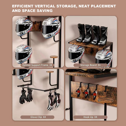 Motorcycle Helmet Holder, Wall-Mounted Rack With 4 Glove Chips & Hooks, Bike Helmets Storage Organizer For Helmets Gear Clothes