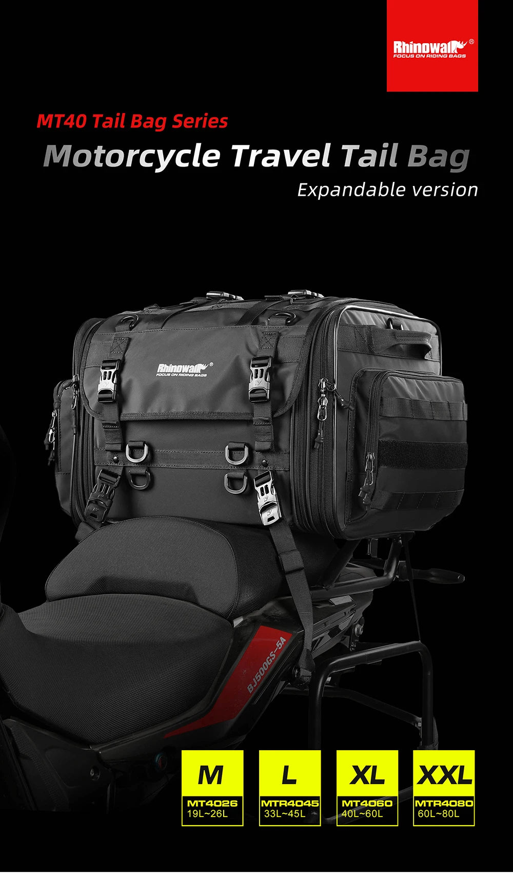 Rhinowalk Travel Luggage Bag - side view showing motorcycle luggage bag features and details