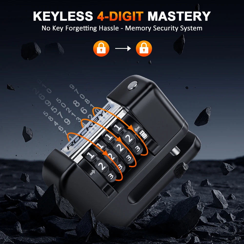 Disc Brake Code Lock - angle view showing motorcycle disc lock features and details