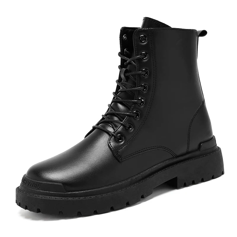 Black Men's Casual Leather Boots Fashion Winter Men Work Boot Mens