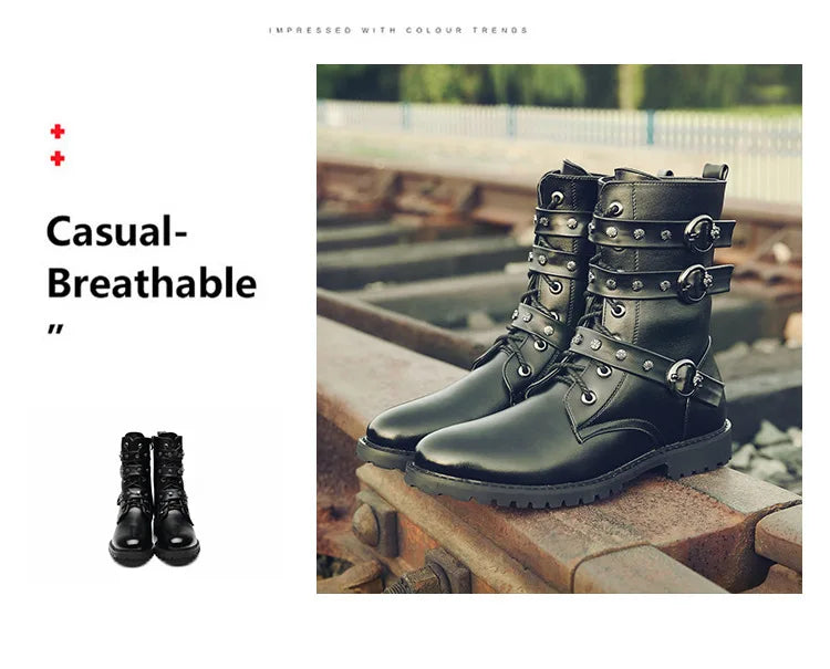 Winter new men's warm PU boots men's high top military boots rivet motorcycle boots motocross shoes