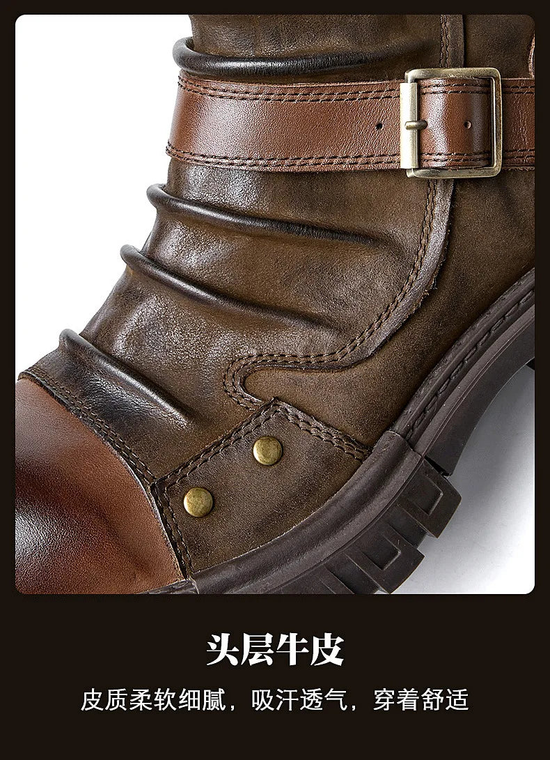 Men's Retro Motorcycle Boots Genuine Leather High Top Motorbike Riding Boots Botas De Motociclista Motocross Racing Car Shoes