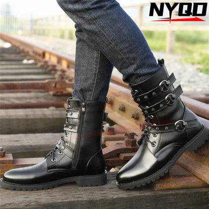 Winter new men's warm PU boots men's high top military boots rivet motorcycle boots motocross shoes