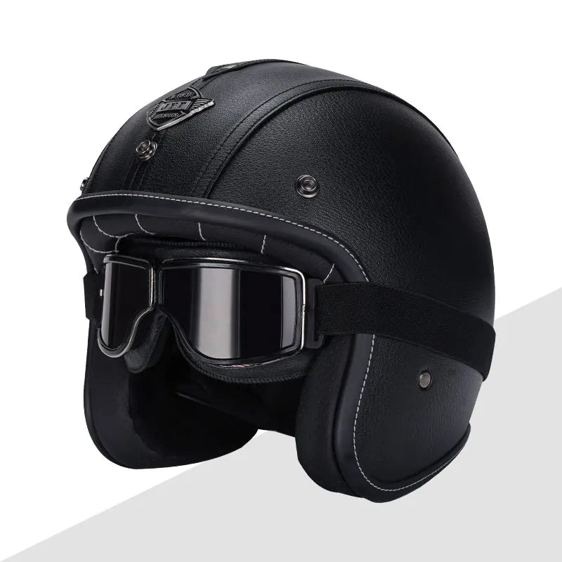 Black Leather Open Face Motorcycle Helmet With Halley Glass Scooter
