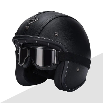 Black Leather Open Face Motorcycle Helmet With Halley Glass Scooter