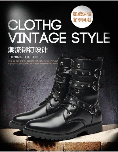 Winter new men's warm PU boots men's high top military boots rivet motorcycle boots motocross shoes