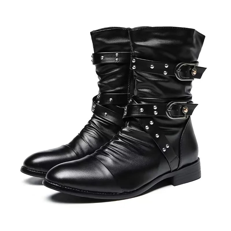 Winter new men's warm PU boots men's high top military boots rivet motorcycle boots motocross shoes