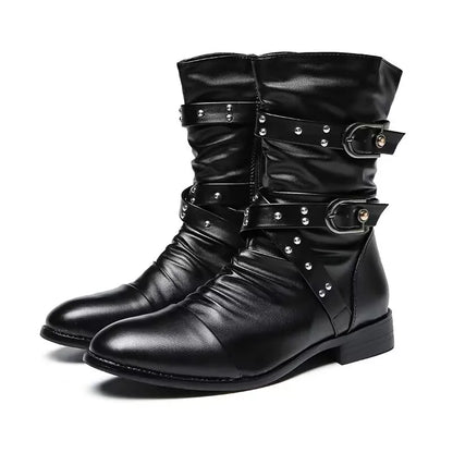 Winter new men's warm PU boots men's high top military boots rivet motorcycle boots motocross shoes