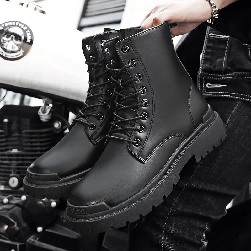 Black Men's Casual Leather Boots Fashion Winter Men Work Boot Mens