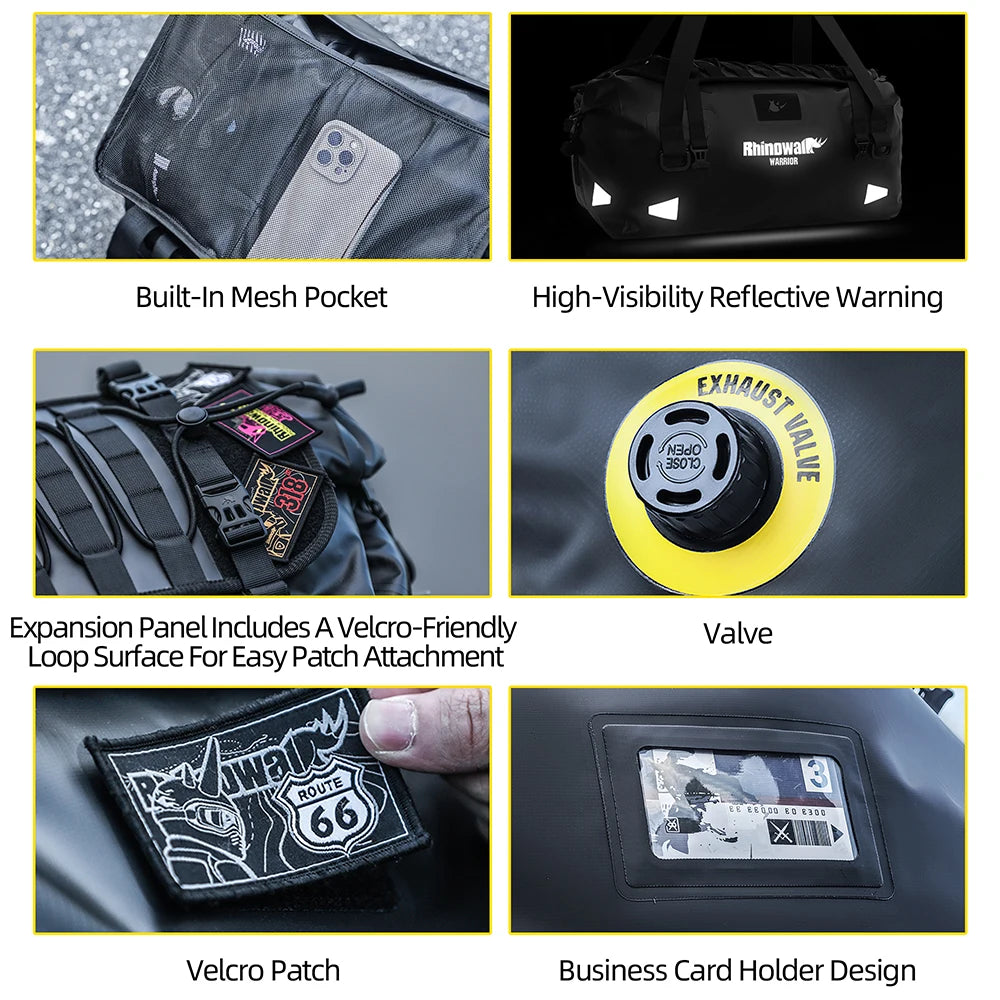 Rhinowalk Motorcycle Back Seat Bag Waterproof 20L/40L/65L Motorbike Saddlebag Travel Luggage MOLLE Expansion Panel Riding Pack