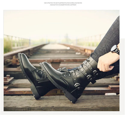 Winter new men's warm PU boots men's high top military boots rivet motorcycle boots motocross shoes