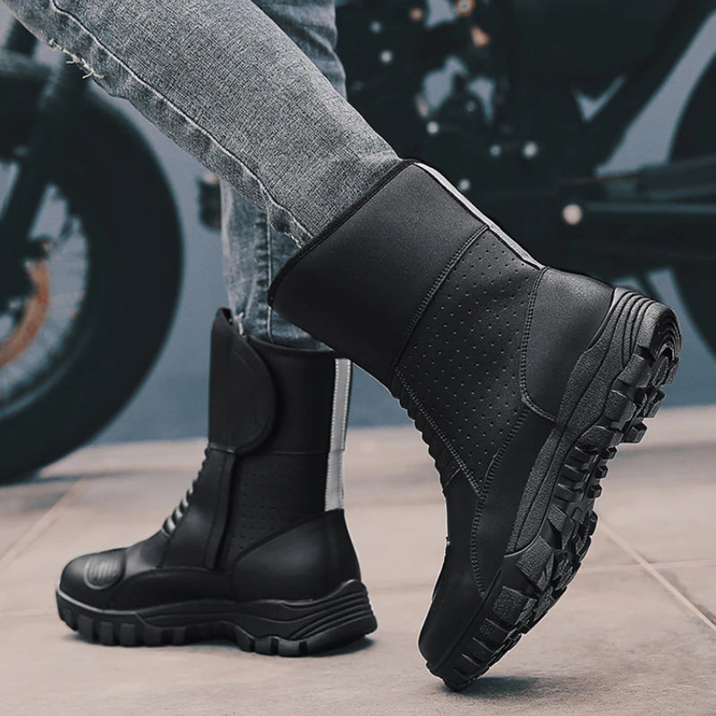 Retro New Winter Motorcycle Boots Waterproof Motocross Boots Black Motorcycle Racing Mid-Calf Shoes Men Leather Moto Boot
