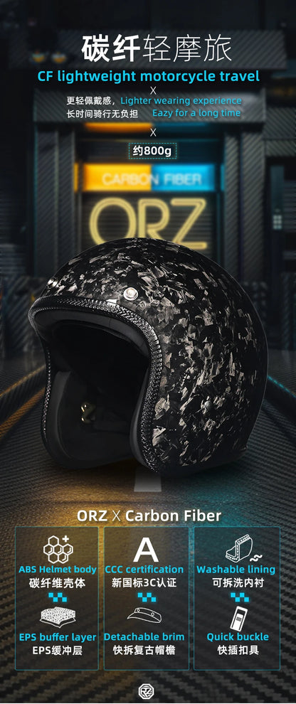 ORZ latest carbon fiber retro helmet motorcycle helmet 3/4 open face capacete vintage men and women four seasons half helmet