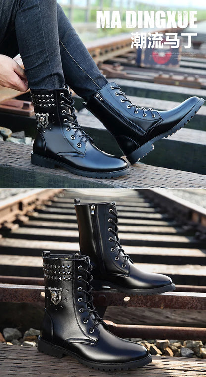 Winter new men's warm PU boots men's high top military boots rivet motorcycle boots motocross shoes