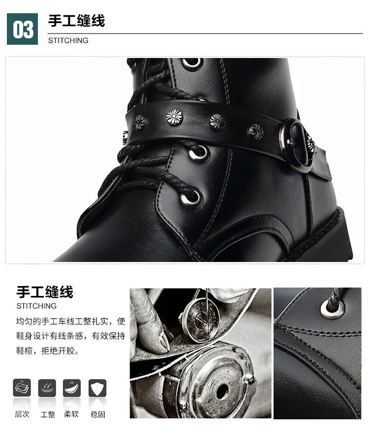 Winter new men's warm PU boots men's high top military boots rivet motorcycle boots motocross shoes