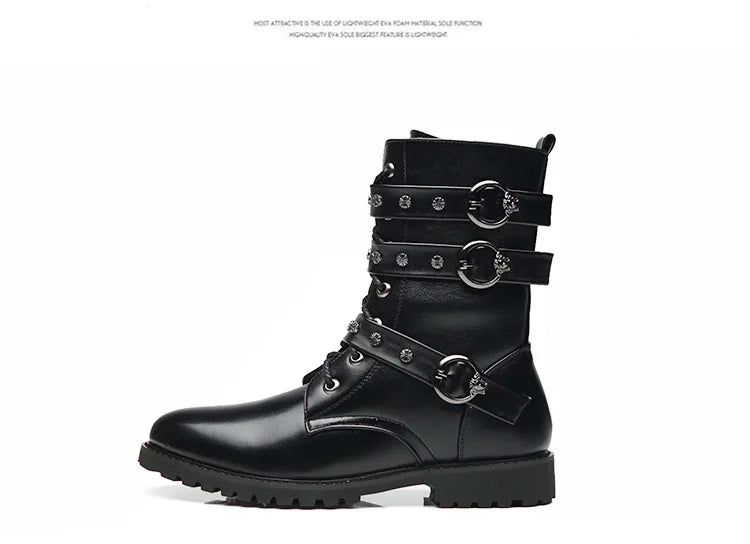 Winter new men's warm PU boots men's high top military boots rivet motorcycle boots motocross shoes