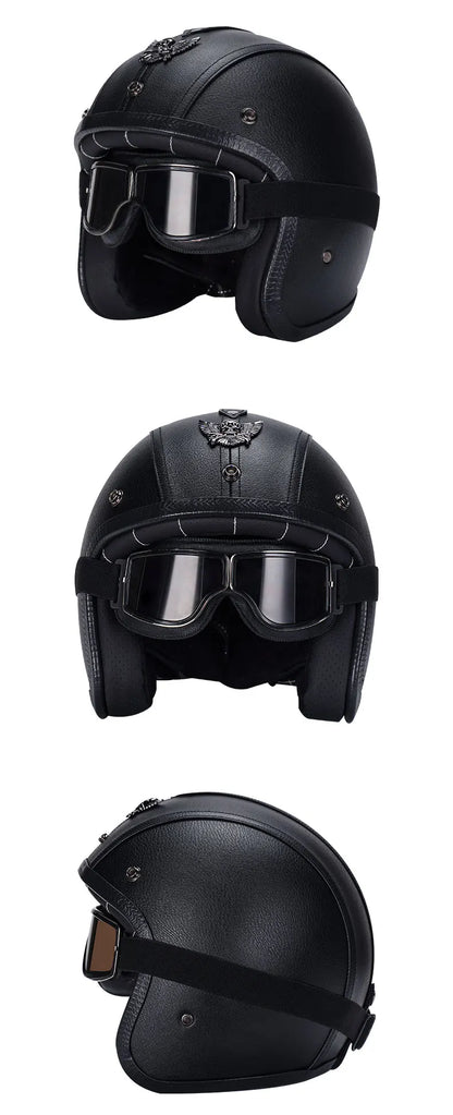 Black Leather Open Face Motorcycle Helmet With Halley Glass Scooter