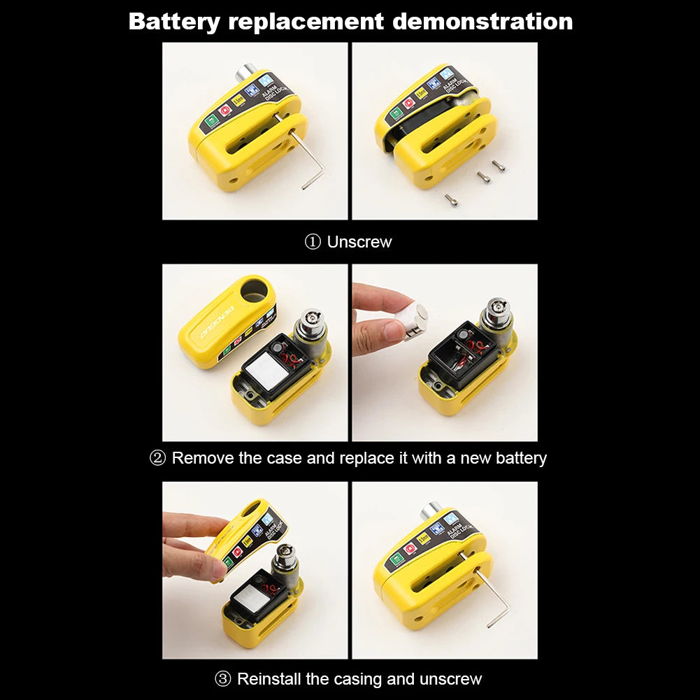 Motorcycle Alarm Disc Lock - installation view showing motorcycle disc lock features and details