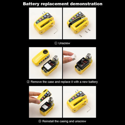 Motorcycle Alarm Disc Lock - installation view showing motorcycle disc lock features and details