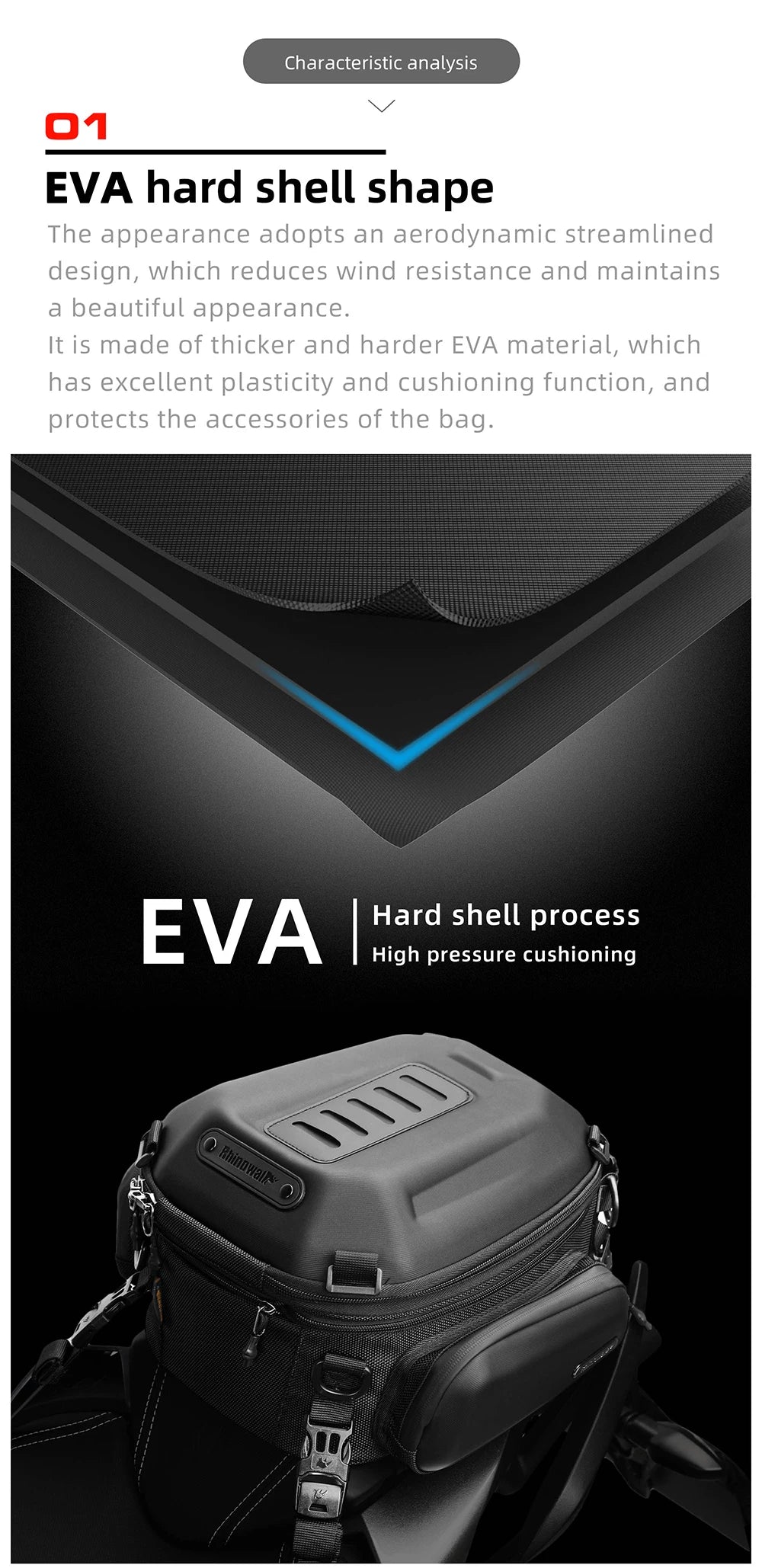 Rhinowalk Hard Shell Pannier - back view showing motorcycle pannier bag features and details