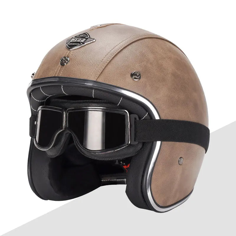 Black Leather Open Face Motorcycle Helmet With Halley Glass Scooter