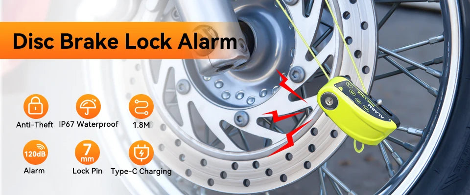 Motorcycle Alarm Lock 110dB - front view showing motorcycle disc lock features and details