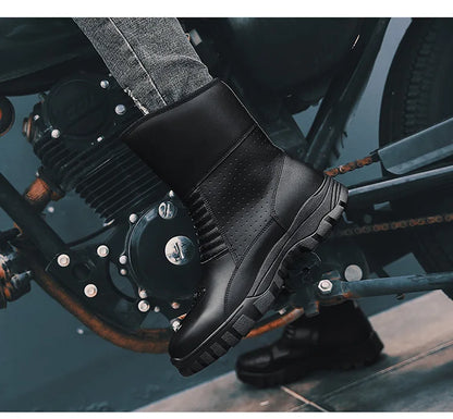 Retro New Winter Motorcycle Boots Waterproof Motocross Boots Black Motorcycle Racing Mid-Calf Shoes Men Leather Moto Boot