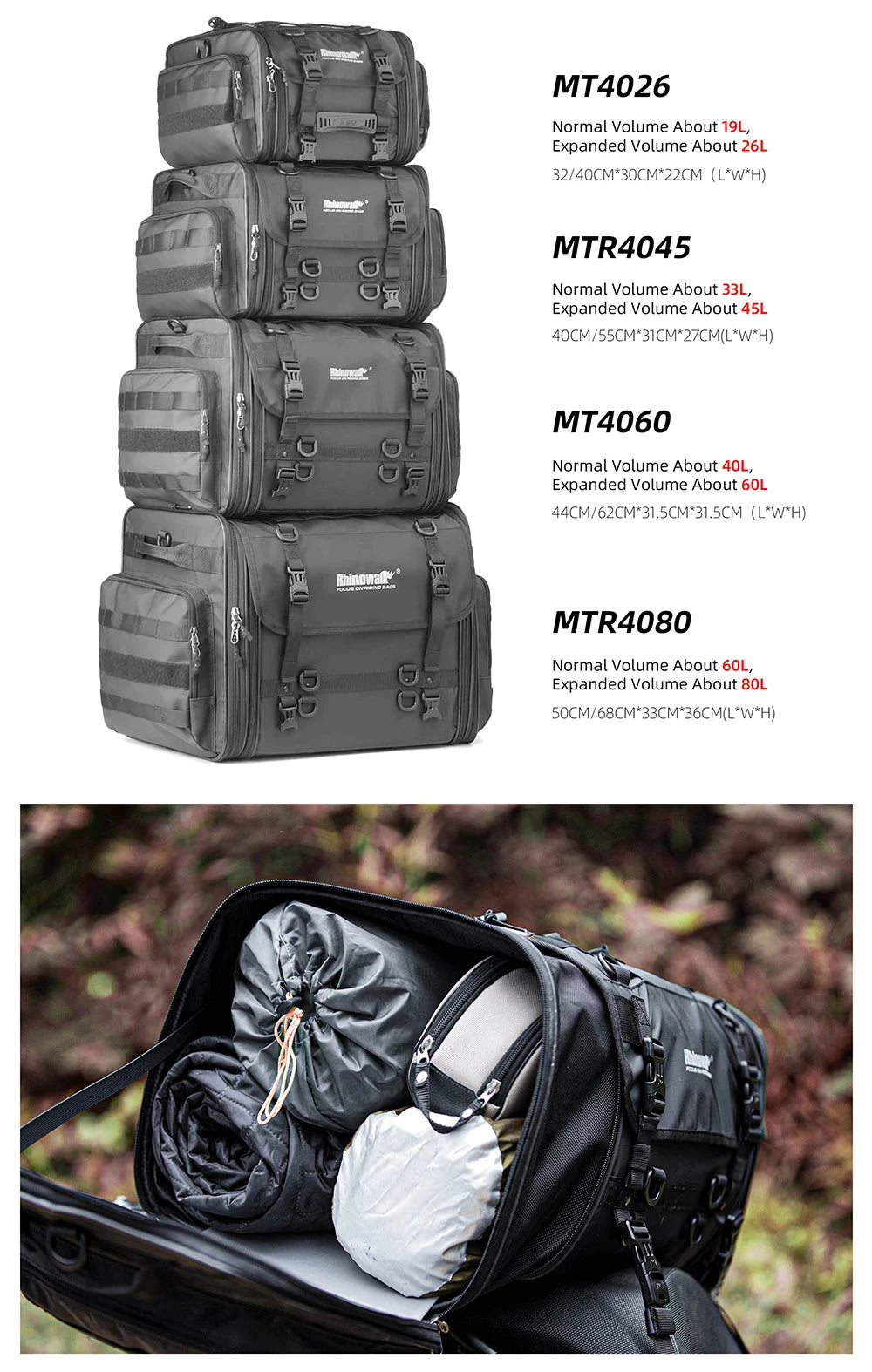 Rhinowalk Travel Luggage Bag - top view showing motorcycle luggage bag features and details