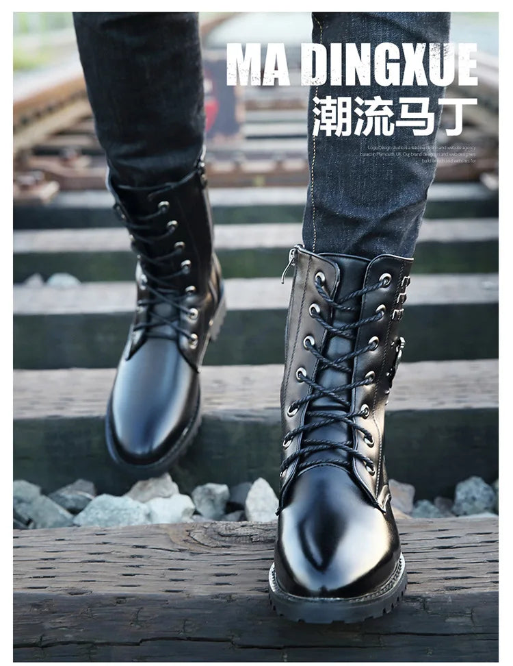 Winter new men's warm PU boots men's high top military boots rivet motorcycle boots motocross shoes