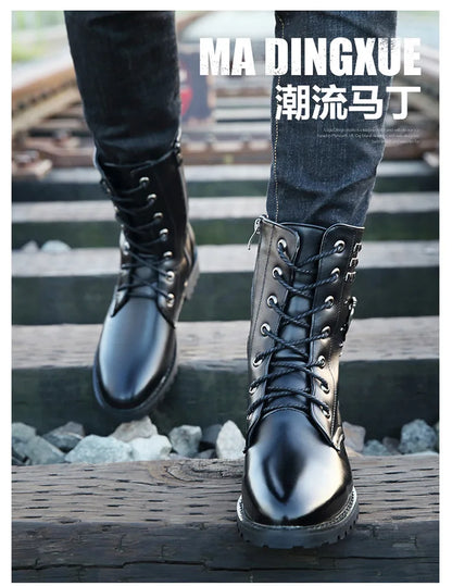 Winter new men's warm PU boots men's high top military boots rivet motorcycle boots motocross shoes
