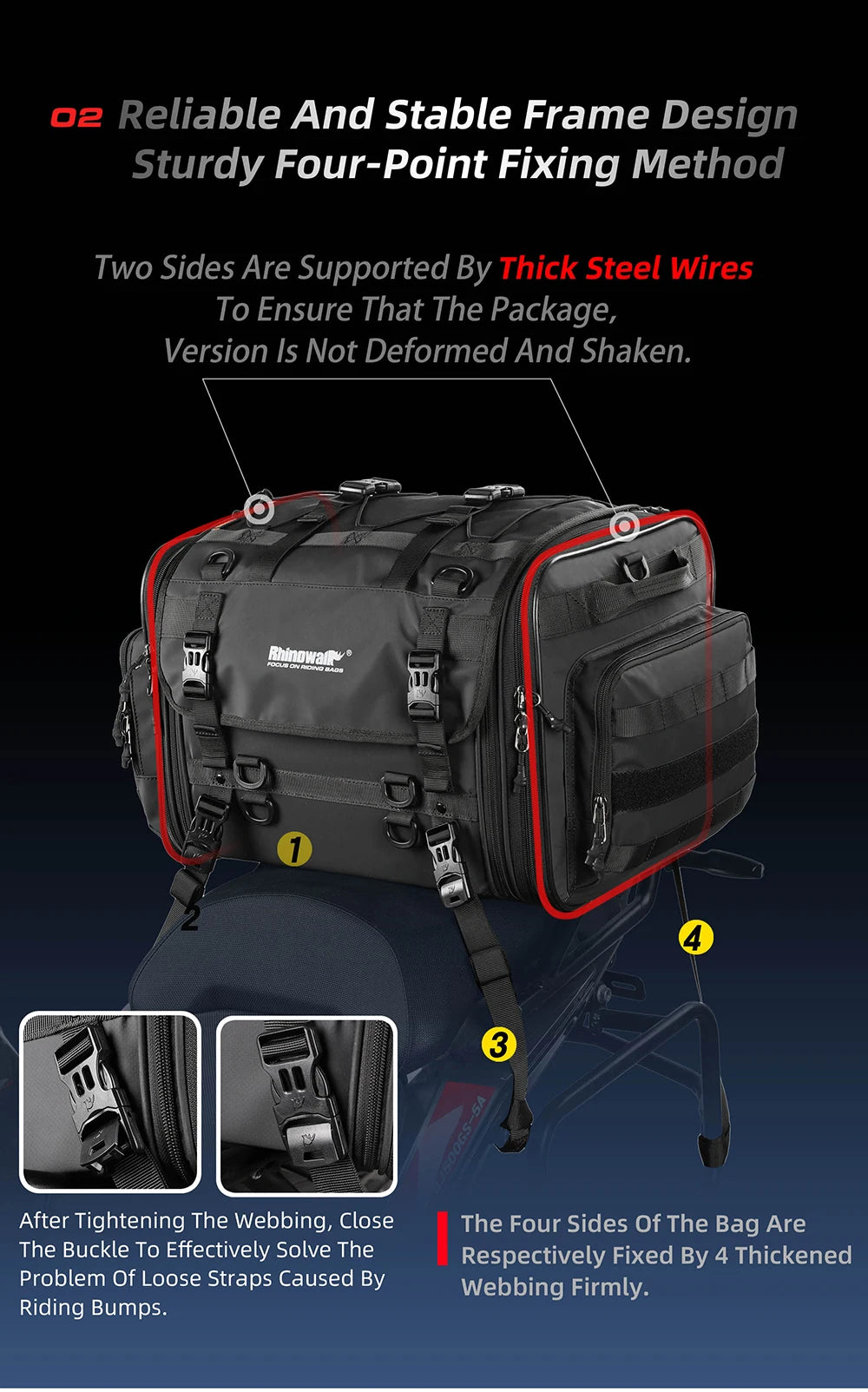 Rhinowalk Travel Luggage Bag - material detail showing motorcycle luggage bag features and details