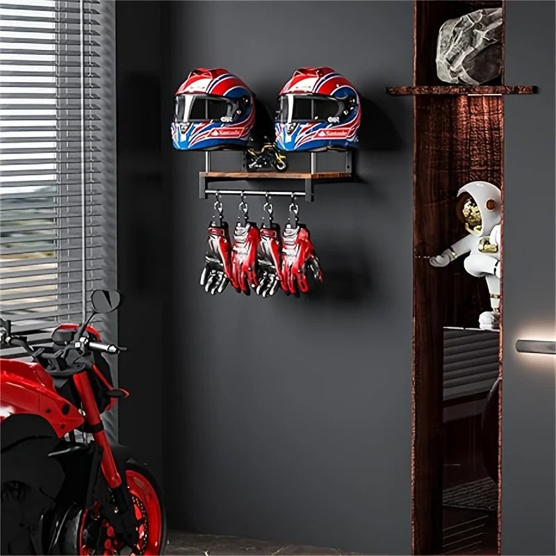 Motorcycle Helmet Wall Mount With Wooden Shelf Hooks Motocross And Bicycle Equipment Sports Brackets Motorcycle Accessories