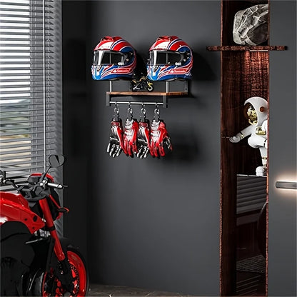 Motorcycle Helmet Wall Mount With Wooden Shelf Hooks Motocross And Bicycle Equipment Sports Brackets Motorcycle Accessories