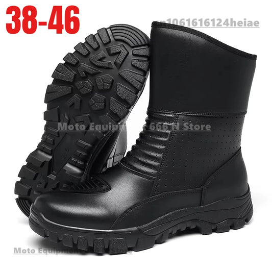 Retro New Winter Motorcycle Boots Waterproof Motocross Boots Black Motorcycle Racing Mid-Calf Shoes Men Leather Moto Boot