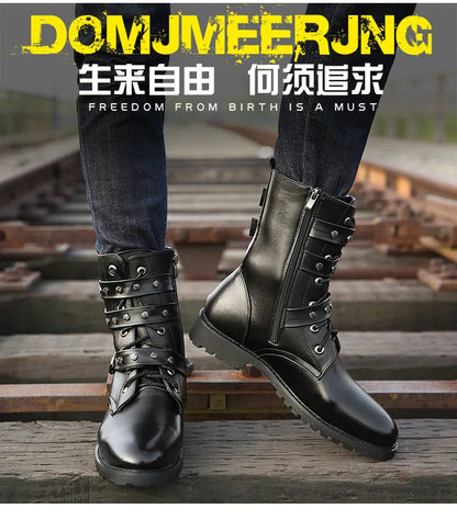 Winter new men's warm PU boots men's high top military boots rivet motorcycle boots motocross shoes