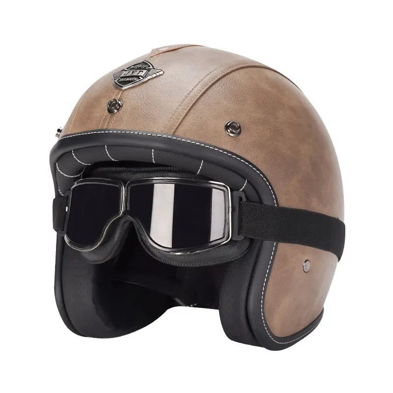 Black Leather Open Face Motorcycle Helmet With Halley Glass Scooter