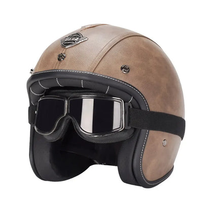 Black Leather Open Face Motorcycle Helmet With Halley Glass Scooter