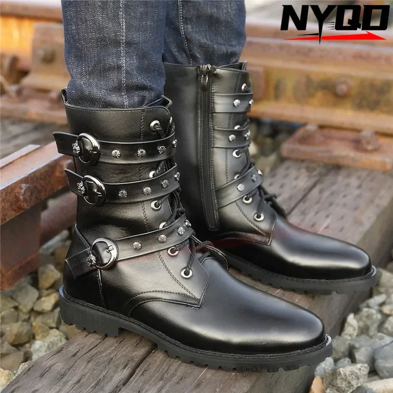 Winter new men's warm PU boots men's high top military boots rivet motorcycle boots motocross shoes