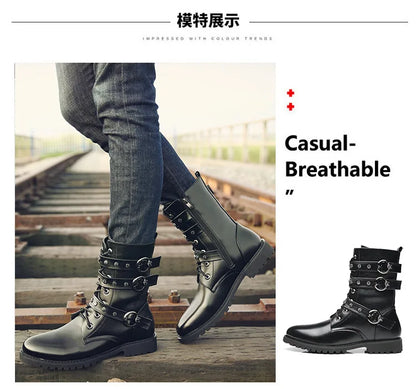 Winter new men's warm PU boots men's high top military boots rivet motorcycle boots motocross shoes