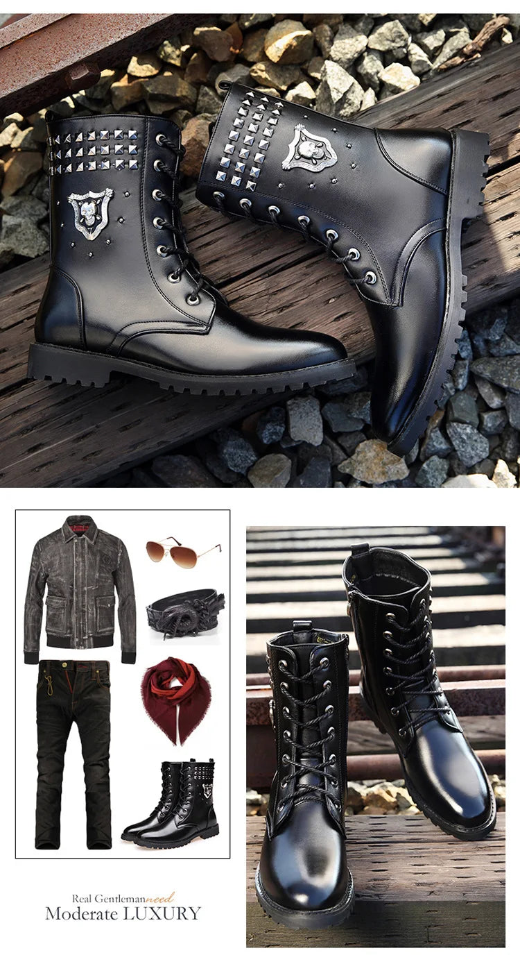 Winter new men's warm PU boots men's high top military boots rivet motorcycle boots motocross shoes
