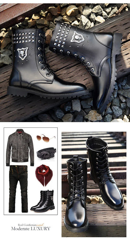 Winter new men's warm PU boots men's high top military boots rivet motorcycle boots motocross shoes
