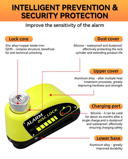 Motorcycle Alarm Lock 110dB - additional view showing motorcycle disc lock features and details
