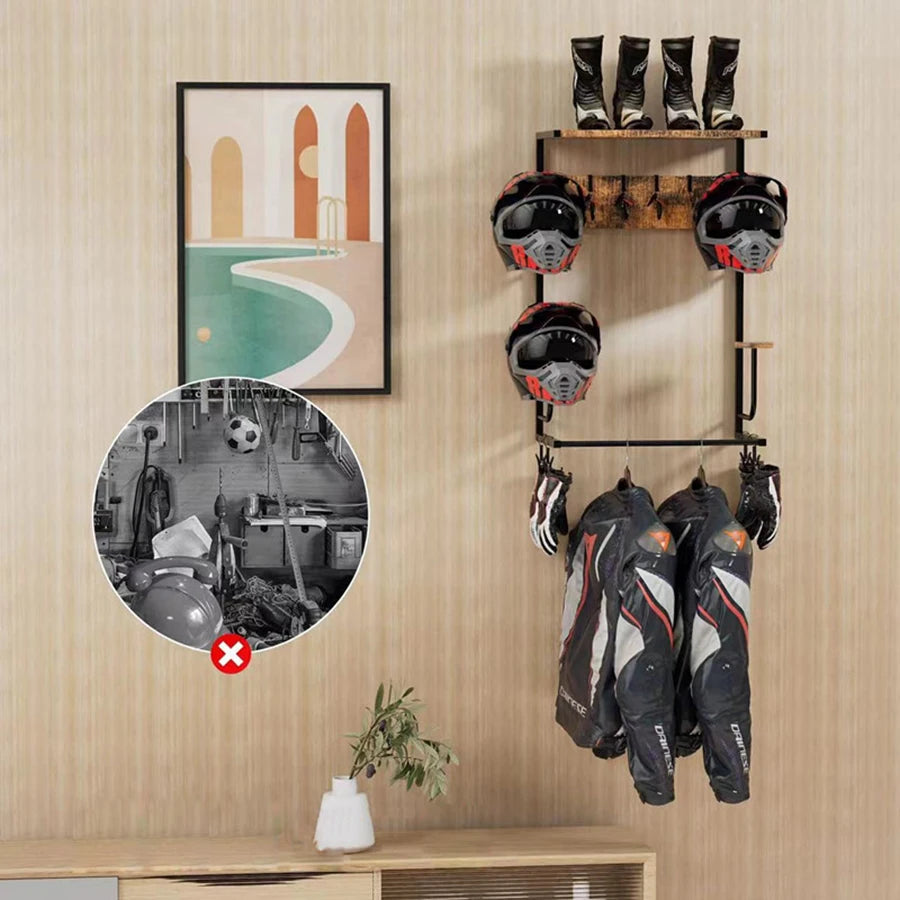 Motorcycle Helmet Holder, Wall-Mounted Rack With 4 Glove Chips & Hooks, Bike Helmets Storage Organizer For Helmets Gear Clothes