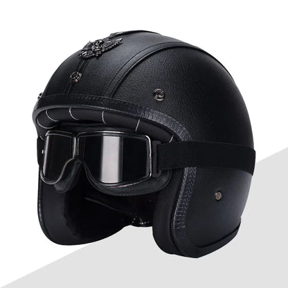 Black Leather Open Face Motorcycle Helmet With Halley Glass Scooter